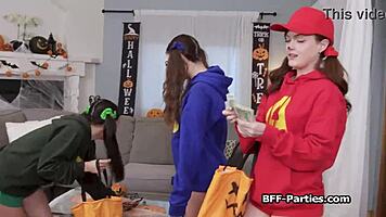 trick or treat foursome with hot girlfriends busted