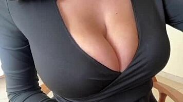 jerking off blasts hot load all over busty milf's milky natural tits