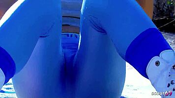 tall fit blonde in leggings seduced for public outdoor rough doggystyle deepthroat facial by stranger