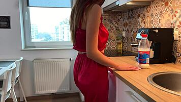 Redhead neighbors sneak passionate fingering and kissing in kitchen fun