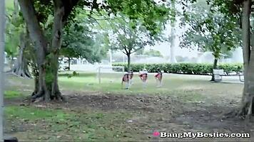 four horny soccer babes share massive cocks in wild best friends orgy on field