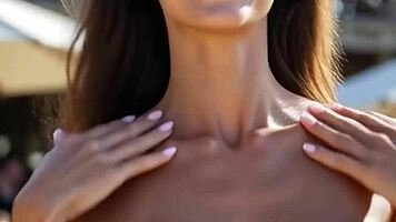 Enigmatic Huge Natural Tits Teen Sways Topless on Beach