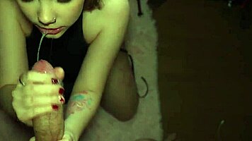 girl in evening dress gives super awkward homemade pov blowjob with ball licking