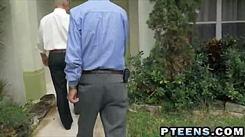 lovely teen teases two old guys with shaved blowjobs sideways