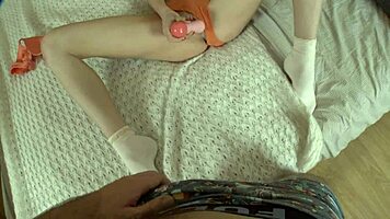 Cute Brunette's Ass Stretched Wide by Huge Dildo