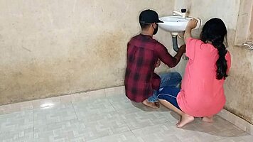 desperate housewife quenches urges with young plumber in bathroom doggy