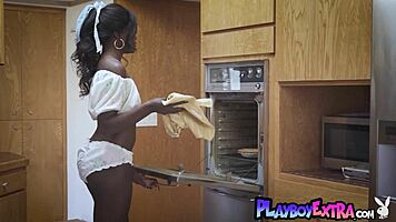 glamorous ebony teen victoria antoinette cooks then slips out of clothes in kitchen