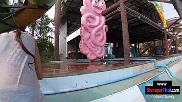 Cute Thai teen girlfriend takes creampie cumshot after poolside homemade fuck