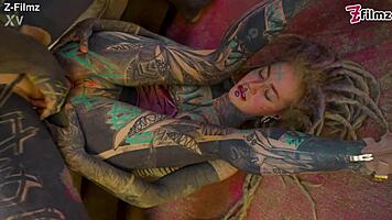 Dreadlocked tattooed goth rides anal cowgirl with sloppy ass to mouth gaping