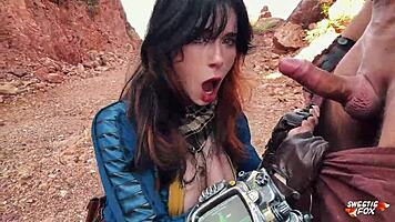 Sweetie Fox in fallout cosplay sucks stranger's cock bends over fucked outdoors for water