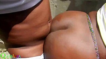 chubby asian bends over in abandoned building for ebony tongue dive and hardcore doggy cumshot