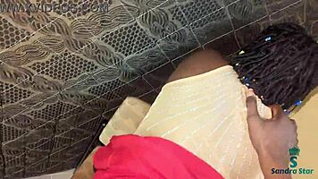 african petite in red dress rides partner cowgirl with tight pussy grip