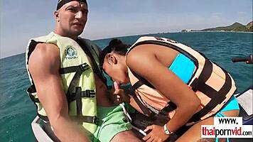 thai teen girlfriend deepthroats boyfriend's monster cock outdoors