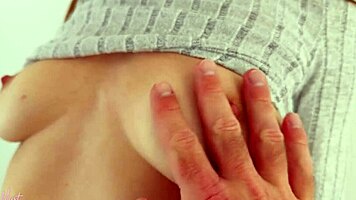 eva myst jerks small cock onto shaved pussy lips with tip tease