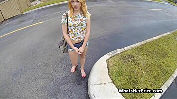 blonde teen bends over outdoors for cash