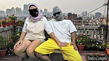 hey i found hot babe alone on balcony she begged touch hairy pussy outdoor