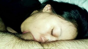 close-up homemade latina deepthroats cock and swallows hot cum pov