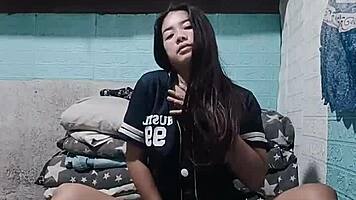 Asian roommate strips panties getting horny in dorm peek