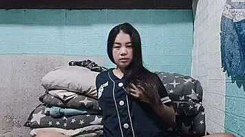Asian roommate strips panties getting horny in dorm peek