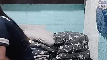 Asian roommate strips panties getting horny in dorm peek