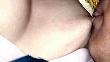 Sucking huge tits before slamming her wet pussy hard