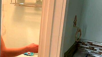 Boss Face-Fucks Slutty Brunette Girlfriend in Bathroom Pisses on Her Lick Floor