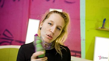 Alt blonde tattoo slut destroys pussy with huge crazy dildos