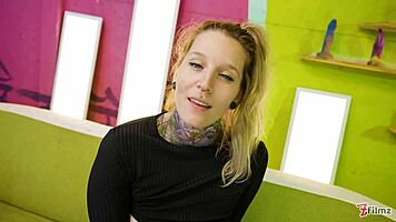 Alt blonde tattoo slut destroys pussy with huge crazy dildos