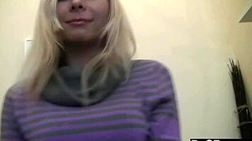 lovely blonde rips clothes strips perfect body on sofa