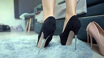 Perfect High Heels Try-On with Sexy Stockings Legs and Bare Feet