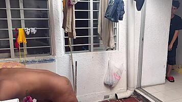 Latina milf helps with bath then jealous beauty joins for cum finish