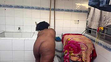 Latina milf helps with bath then jealous beauty joins for cum finish