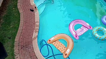 drone catches neighbors' wet orgy with pussy licking in swimming pool