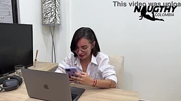 secretary gets so hot and horny texting her friend she fingers her wet pussy hard