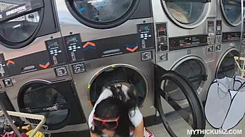 Busty black babe fucked rough at public laundromat 😈