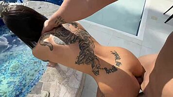 my photographer bends me over poolside for shaved pussy doggystyle creampie