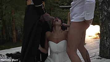 Wet Brunette Bride's Last Dirty Outdoor MMF with Two Monster Cocks Before Wedding