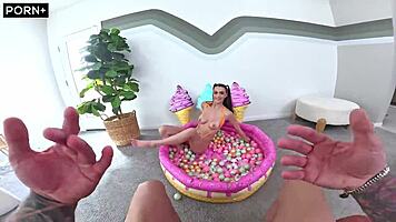 Petite fuck doll grips and licks massive swinging balls