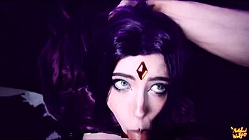 Suggestive Raven cosplay tempts with dripping creampie from pussy to mouth