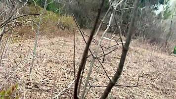 Petite Asian babe pees sexy in cool forest nature
