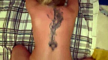 Blonde beauty bounces wildly on huge cock in living room then sucks it deep