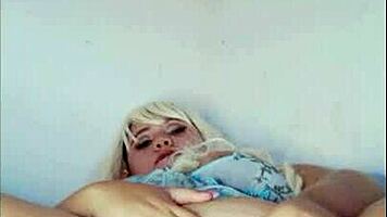 busty brazilian nymph flaunts huge natural tits while dildoing hard