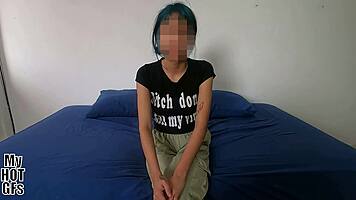 blue haired cutie shows up curious for the casting interview session