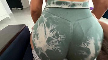 grinding my cock on hot babe's leggings ass feels amazing then cumshot