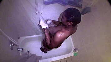 Hey, dripping wet ebony babes rip clothes in steamy shower? 🌊💦