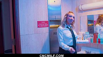 two horny guys bang bathroom milf slave hard doggystyle cowgirl