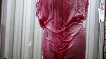 peeking on busty indo babe bathing in sheer satin dress unleashes massive curves!