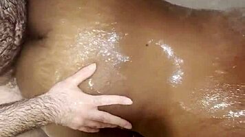 Ebony babe deepthroats monster cock in shower sloppy cum swallow