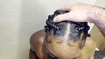 Ebony babe deepthroats monster cock in shower sloppy cum swallow