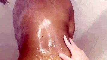 Ebony babe deepthroats monster cock in shower sloppy cum swallow
